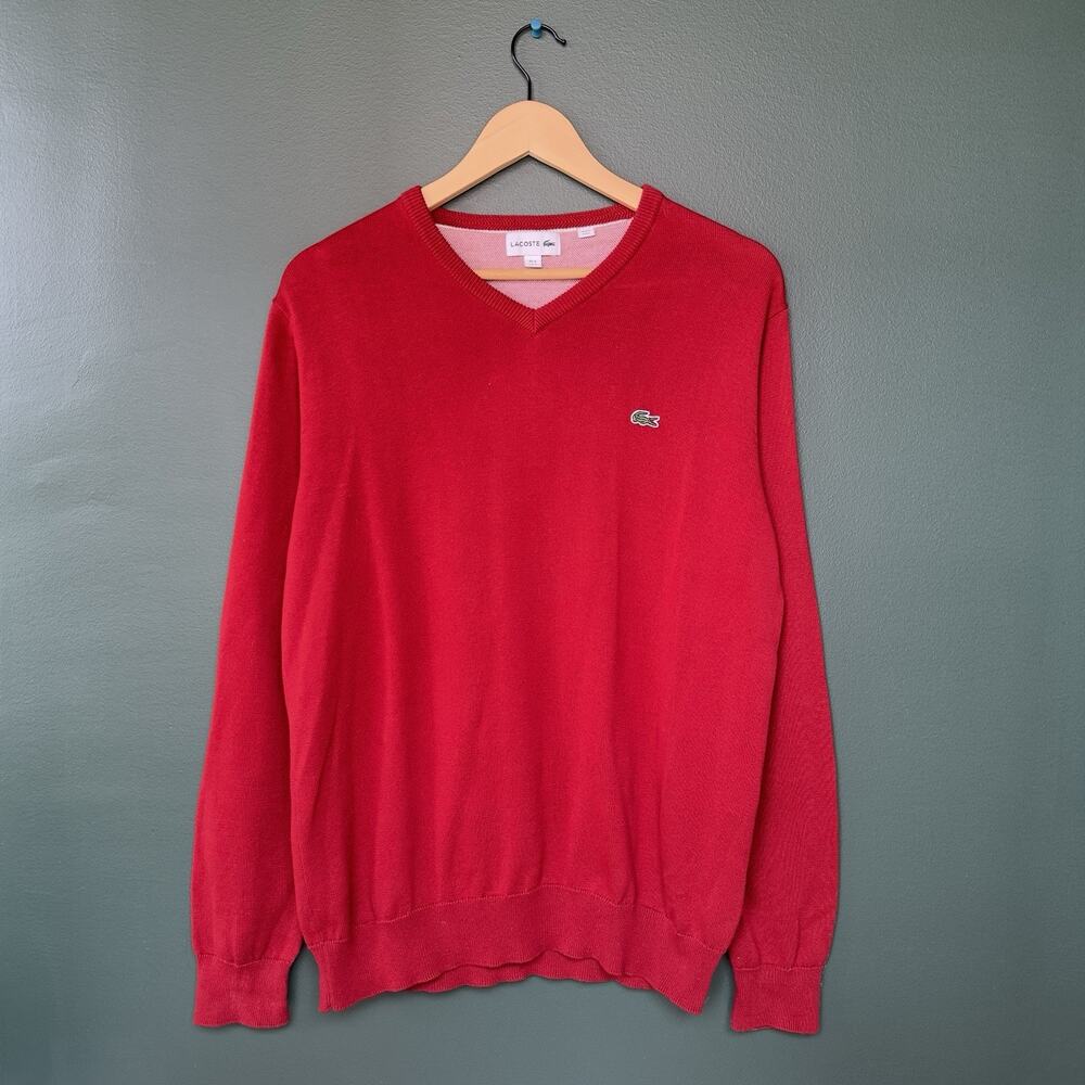 Lacoste Red V-Neck Sweater Green Crocodile Logo 100% Cotton Mens M